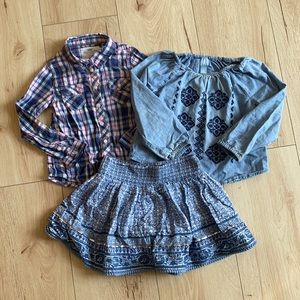 Flannel shirt, chambray blouse and sequin skirt